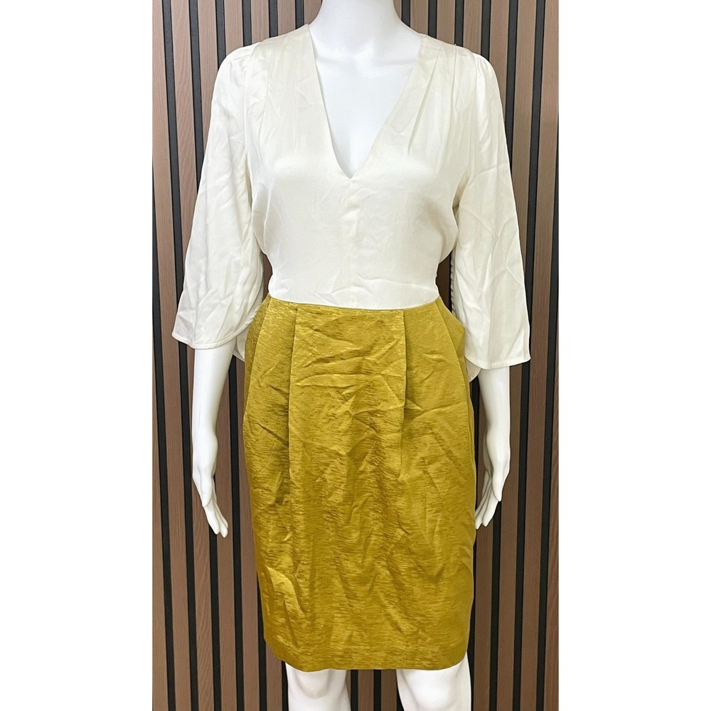 Twinkle by Wenlan Women's 8 Gold Dress Silk Sheath Pleated Cottagecore Preppy